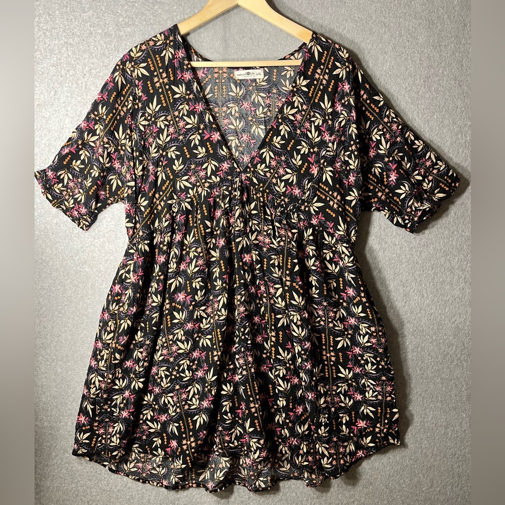 Floral V-Neck Women’s Dress in Black with Pink & Cream Accents